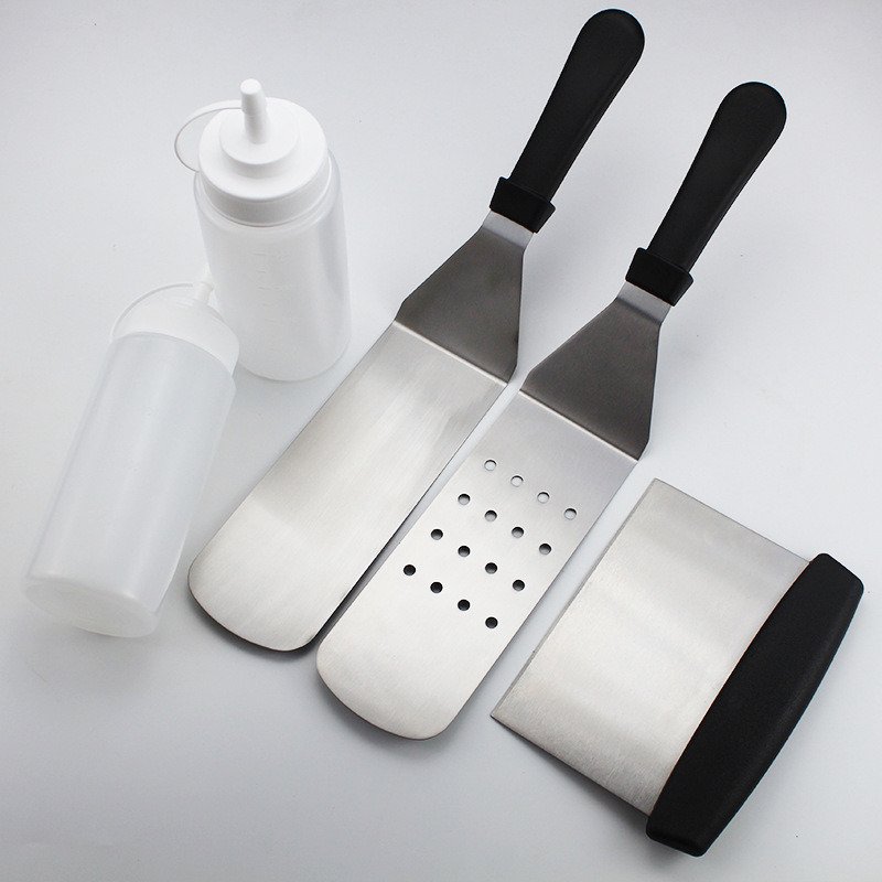 Stainless Steel Barbecue Tool Set Ergonomic Handle - 2 Perforated Flat Spatula, Turner, Scraper, 2 Squirt Bottles - Grilling, Camping, Outdoor Cooking Stainless Steel Barbecue Tool Set Ergonomic Handle - 2 Perforated Flat Spatula, Turner, Scraper, 2 Squirt Bottles - Grilling, Camping, Outdoor Cooking