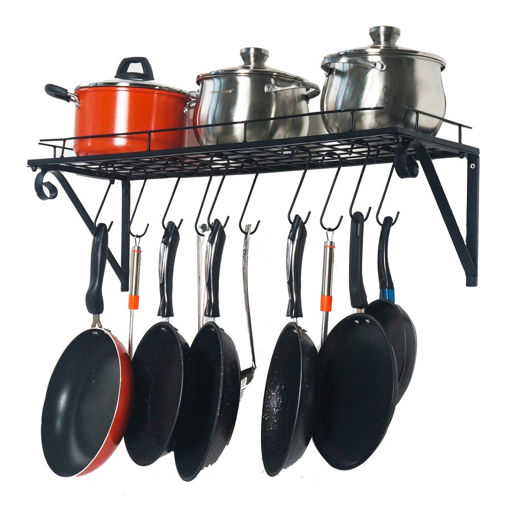 Wall Hanging Pot Rack Mounted Storage Shelf with S Hooks for Pans, Utensils, Books, Plant Black Wall Hanging Pot Rack Mounted Storage Shelf with S Hooks for Pans, Utensils, Books, Plant Black