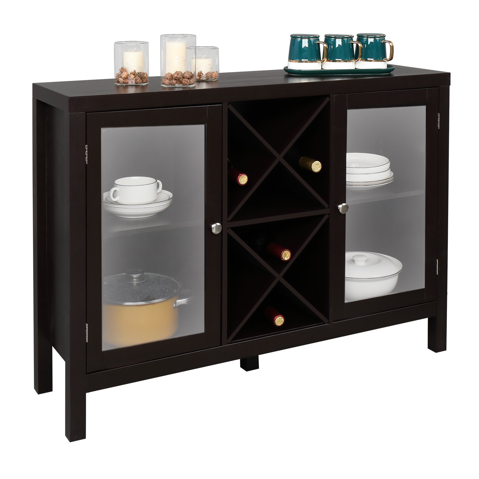 FCH Transparent Double Door with X-shaped Wine Rack Sideboard Entrance Cabinet Brown RT FCH Transparent Double Door with X-shaped Wine Rack Sideboard Entrance Cabinet Brown RT