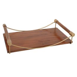 DunaWest 15 Inch Rectangular Wood Serving Tray with Matte Gold Trim, Brown