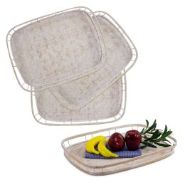 L19.3'' x W13.8'' Rectangular White Bamboo Wicker Serving Trays with Handles set 4