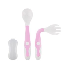 Baby Utensils Spoons Forks Set With Travel Safe Case Toddler Babies Children Feeding Training (Color: pink)