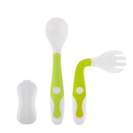 Baby Utensils Spoons Forks Set With Travel Safe Case Toddler Babies Children Feeding Training (Color: green)