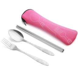 Portable 3 Pcs Stainless Steel Cutlery Set Flower Painting Fork Dinner Tableware Set Case Kit (Color: pink, size: 3 Piece/Set)