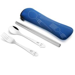 Portable 3 Pcs Stainless Steel Cutlery Set Flower Painting Fork Dinner Tableware Set Case Kit (Color: Blue, size: Smile3 Piece/Set)