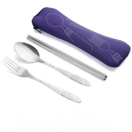 Portable 3 Pcs Stainless Steel Cutlery Set Flower Painting Fork Dinner Tableware Set Case Kit (Color: Purple, size: 3 Piece/Set)