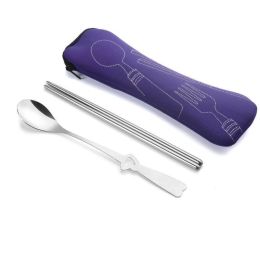 Portable 3 Pcs Stainless Steel Cutlery Set Flower Painting Fork Dinner Tableware Set Case Kit (Color: Purple, size: 2 Piece/Set)