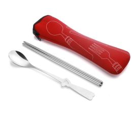 Portable 3 Pcs Stainless Steel Cutlery Set Flower Painting Fork Dinner Tableware Set Case Kit (Color: Red, size: 2 Piece/Set)