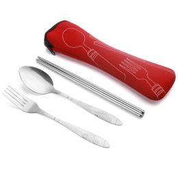 Portable 3 Pcs Stainless Steel Cutlery Set Flower Painting Fork Dinner Tableware Set Case Kit (Color: Red, size: 3 Piece/Set)