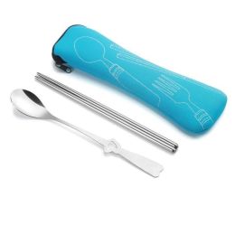 Portable 3 Pcs Stainless Steel Cutlery Set Flower Painting Fork Dinner Tableware Set Case Kit (Color: Sky Blue, size: 2 Piece/Set)