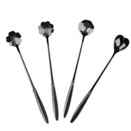 4pcs/set Stainless Steel Flowers Shaped Stirring Spoon (Color: Black)