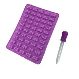 Cake Tools Mold 1 Set 50 Cavity Silicone Gummy Bear Chocolate Candy Maker Ice Tray Jelly Moulds (Color: Purple, size: with dropper)