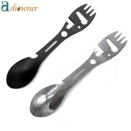 Camping Fork Spoon Multi Function Spoon 5 In 1 Integrated Fork Spoon Outdoor Fork Spoon Picnic Cutting Knife Bottle Can Opener (Color: White)