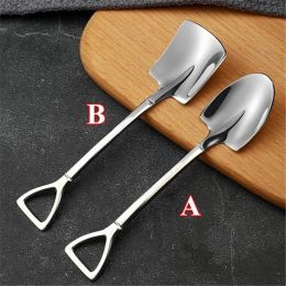 Stainless Steel Coffee Spoon Retro Shovel Ice Cream Spoon Creative Tea-Spoon Fashion Tableware (Color: Silver, size: A-2PCS)
