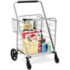 Jumbo Basket Folding Shopping Cart With Swiveling Wheels And Dual Storage Baskets