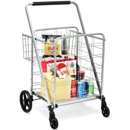 Jumbo Basket Folding Shopping Cart With Swiveling Wheels And Dual Storage Baskets (Color: Silver B, Type: Kitchen Tools)