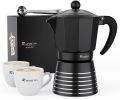 Espresso Maker 6 CUP Moka Pot, Steam Italian Stovetop Coffee Makers Percolator, Aluminum Ripple Ring Design, Easy To Use & Clean, 2 8oz Ceramics Cup 1