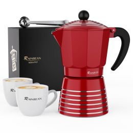 Espresso Maker 6 CUP Moka Pot, Steam Italian Stovetop Coffee Makers Percolator, Aluminum Ripple Ring Design, Easy To Use & Clean, 2 8oz Ceramics Cup 1 (Color: red 6 CUP)