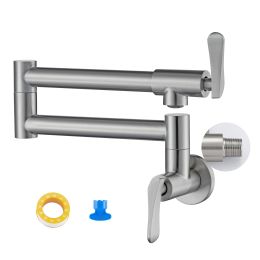 Pot Filler Faucet Wall-Mount for Kitchen Integrated Embedded NPT Thread Design Lead-Free Stainless Steel Faucet with 360Â° 2-Handle Folding Arms Rotat (Color: Brushed Nickel)