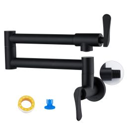 Pot Filler Faucet Wall-Mount for Kitchen Integrated Embedded NPT Thread Design Lead-Free Stainless Steel Faucet with 360Â° 2-Handle Folding Arms Rotat (Color: Matte Black)