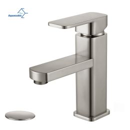 Aqucubic Deck Mounted UPC Basin Mixer Taps Single Handle Bathroom Faucet (Brushed Nickel) (Color: Brushed Nickel, material: stainless steel)