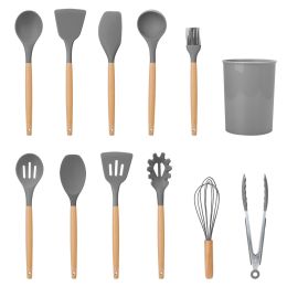 11Pcs Silicone Cooking Utensil Set Heat Resist Wooden Handle Silicone Spatula Turner Ladle Spaghetti Server Tongs (Color: GREY)